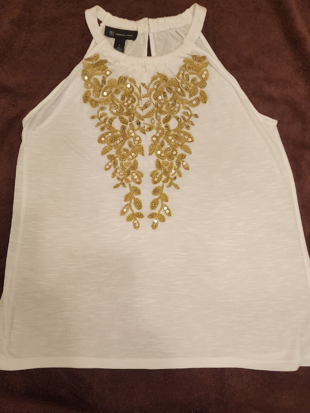 INC International Concepts White Halter Camisole with Gold Sequin Applique SZ L